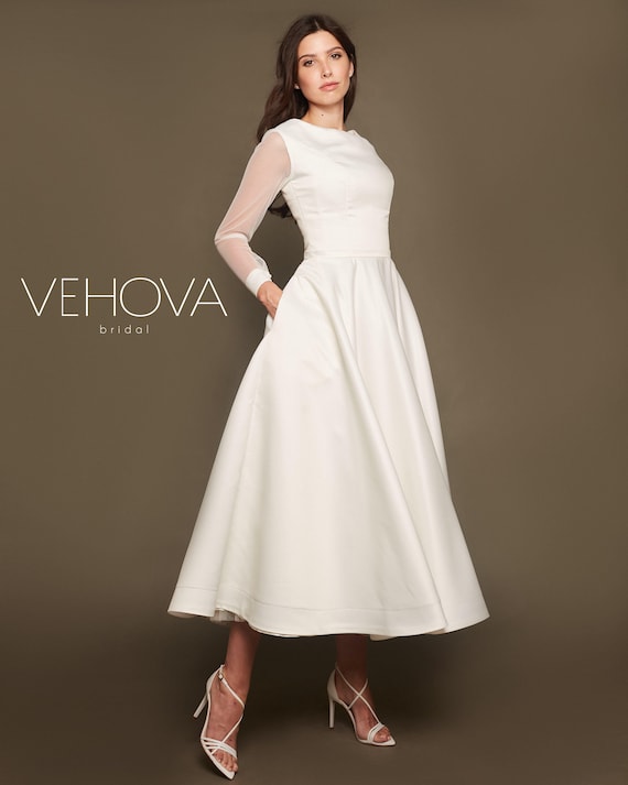 Tea Length Modest Long Sleeve Satin Wedding Dress