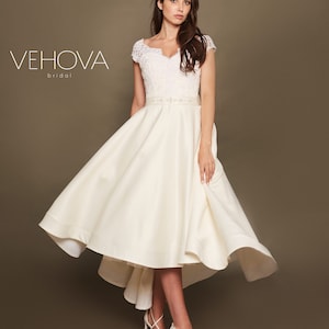 Tea Length Lace Wedding Dress Short, High Low Wedding Dress Assymetrical with Bow