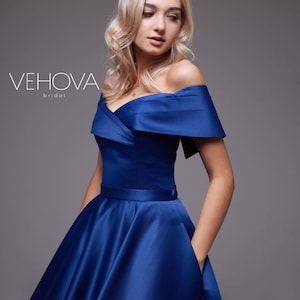 Dark Blue Wedding Dress for bride, Off shoulder Short Wedding Dress Tea length with pockets, Plus Size Wedding Dress