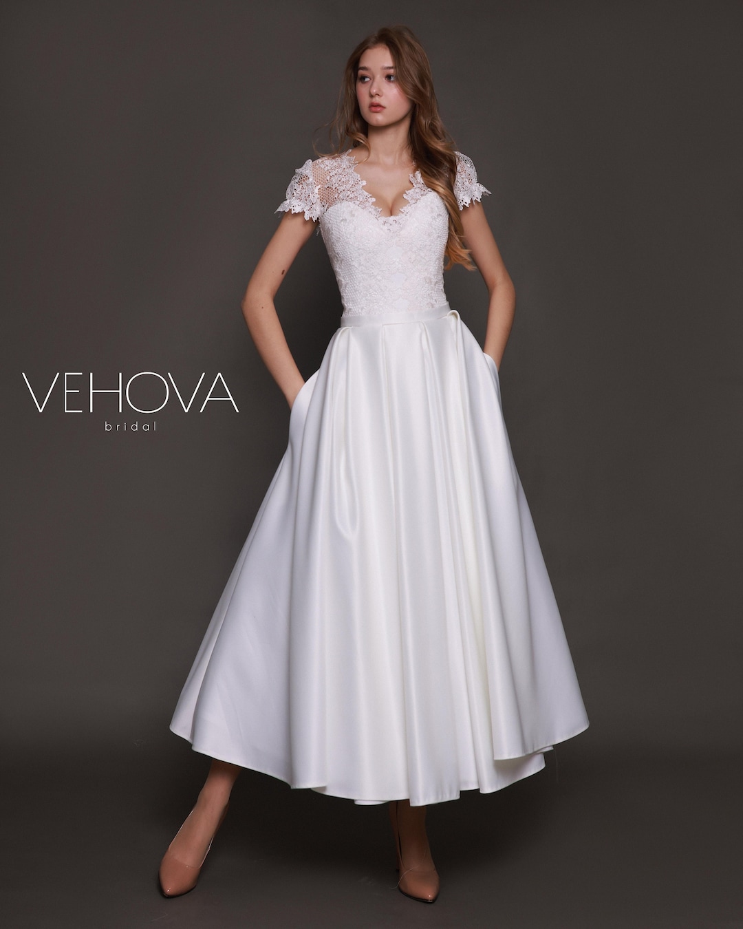 Tea Length Wedding Dress With Pockets, Short Lace Wedding Dress