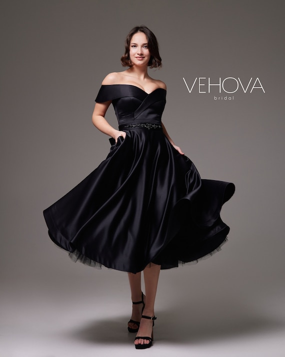 black satin tea length dresses Simple V Neck Satin Tea Length Black Prom Dress, Black Formal Dress US 4 / Custom Color