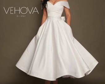 BNWT Vintage Ivory off the Shoulder Satin Tea Length Lace Plus Size Wedding  Dress UK 16 22 - Etsy