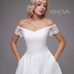 Simple Short Wedding Dress with pockets, Modest Wedding Dress Tea length, Modern Wedding Dress, A-line Wedding Dress
