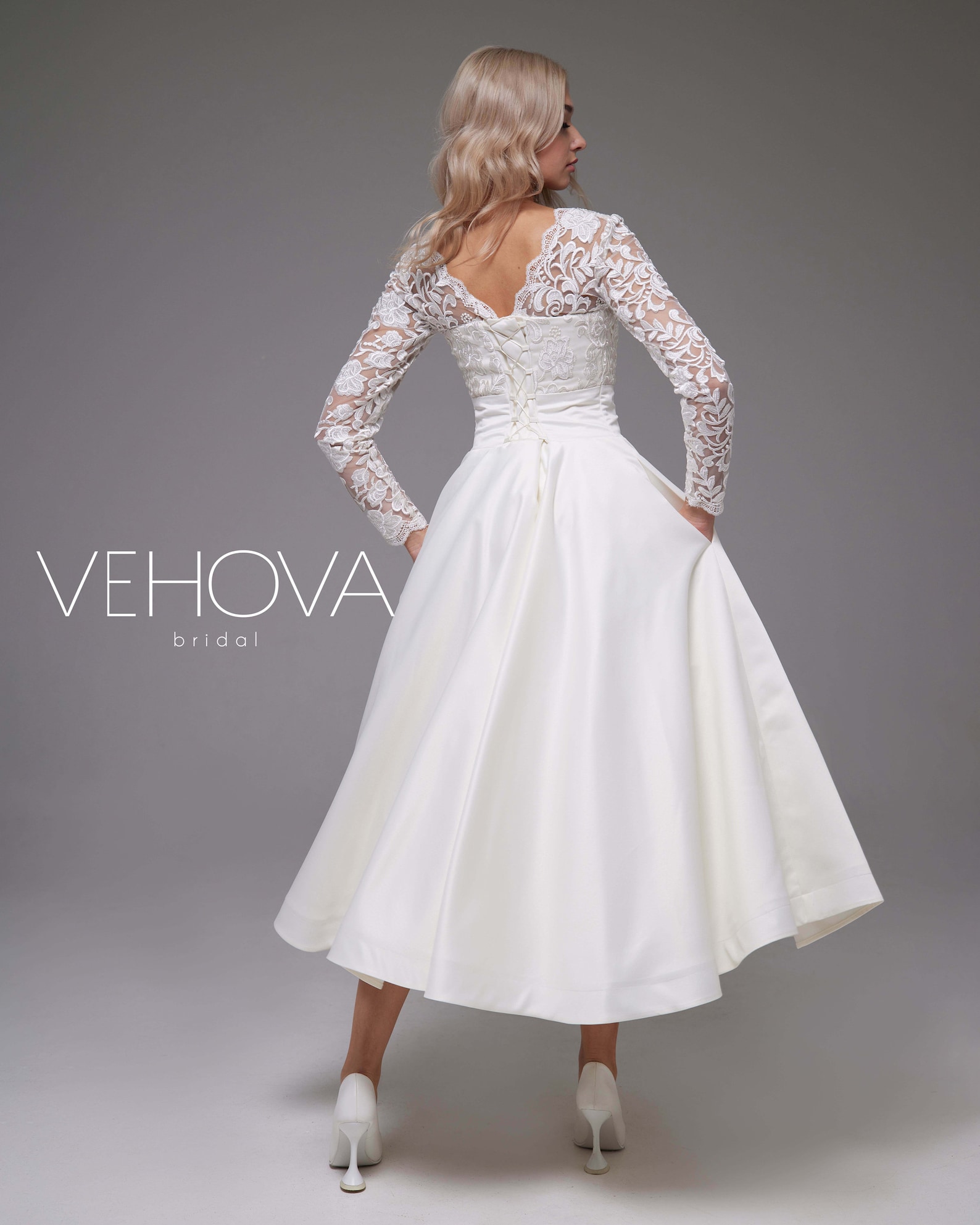 Long Sleeve Short Wedding Dress Lace, Tea Length Wedding Dress for