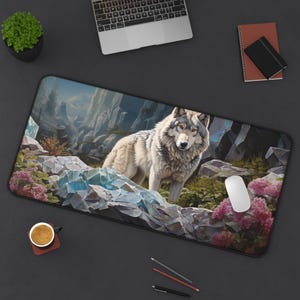 May include: A rectangular mouse pad featuring a detailed illustration of a wolf standing on a rocky terrain with a mountainous backdrop. The wolf has gray and white fur, and the scene includes pink flowers and blue crystals.