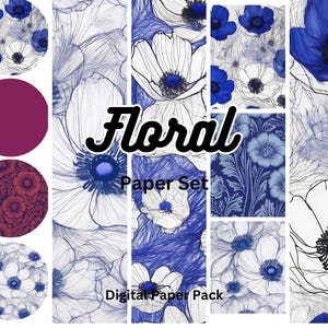 Digitale Pastell Abstrakt Floral Pen und Ink Blau Muster druckbar/Kunstdruck/Collage Papier - Blumen und Collage Digital Papiere Ephemera