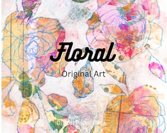 Floral Mixed Media Digital Paper Pack – Original Art, Scrapbook Paper (Digital Download)