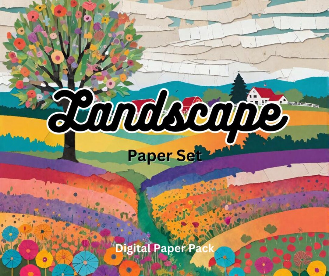 Digital Torn Paper Collage Rainbow Wildflower Farm Scape Landscape ...