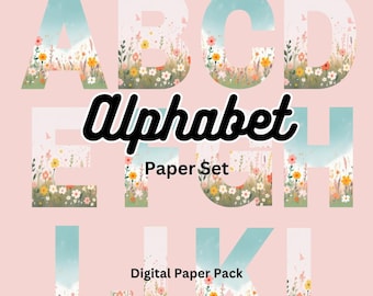 Paquete de papel digital con alfabeto floral, letras vintage para scrapbooking (descarga digital)