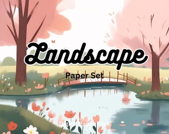 Digitaal gebloemd vijverlandschap afdrukbaar/kunstprint/collagepapier