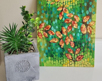 Pintura acrílica original – Paisaje de hojas naturales de colores brillantes inspirado en el Yukón – Arte mural botánico de estilo cottagecore