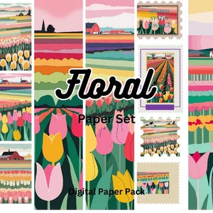 Collage digitale su carta strappata, paesaggio di fattoria di tulipani arcobaleno, stampabile/stampa artistica/carta per collage