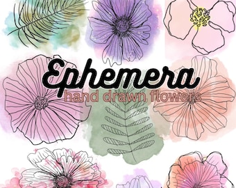 Digitale bloemen ephemera afdrukbaar/kunstprint/collagepapier - handgetekende bloem kieskeurig