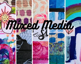 May include: A digital paper pack featuring a collage of mixed media artwork. The artwork includes a variety of textures, colours, and patterns, such as flowers, leaves, and abstract shapes. The text "Mixed Media Collage Digital Paper Pack" is visible in the image.