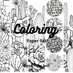Op de afbeelding: Zwart-wit digitaal papierpakket met cactus- en vetplantillustraties. De tekst "Coloring Paper Set Digital Paper Pack" wordt weergegeven. Bevat cirkelvormige ontwerpen met patronen en een handgeschreven alfabet.