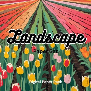 Collage digitale su carta strappata, paesaggio di fattoria di tulipani arcobaleno, stampabile/stampa artistica/carta per collage