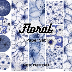 Skizzenhafte Skizze Stift und Tinte blau floral Muster druckbar/Kunstdruck/Collage Papier - Blumen und Collage digitale Papiere Ephemera