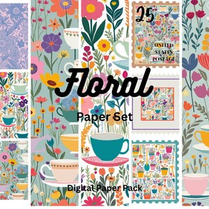 May include: A digital paper pack featuring floral designs with teacups, flowers, and postage stamp illustrations. The words "Floral Paper Set" and "Digital Paper Pack" are displayed in the image. The color palette includes shades of pink, blue, yellow, and green.