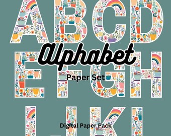 Descargue el paquete de efímeras de artistas con alfabeto floral digital imprimible, álbum de recortes vintage, diario basura, collage, impresiones, papeles, etiquetas, kit
