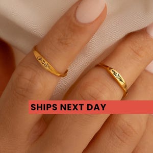 May include: Two gold-toned rings featuring delicate, thin bands. Each ring is engraved with a small, black botanical floral design on the front surface. The rings have a smooth, polished finish and a slender profile, showcasing a minimalist aesthetic.