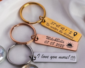 Personalized Stainless Steel Keychain, Custom Engraved Message, Coordinates Jewelry