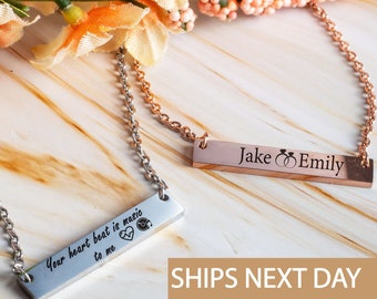 Sterling silver bar necklace,Custom engraved necklace,Silver nameplate bar,Name Wedding date Roman numerals necklace coordinate,Gift For Her