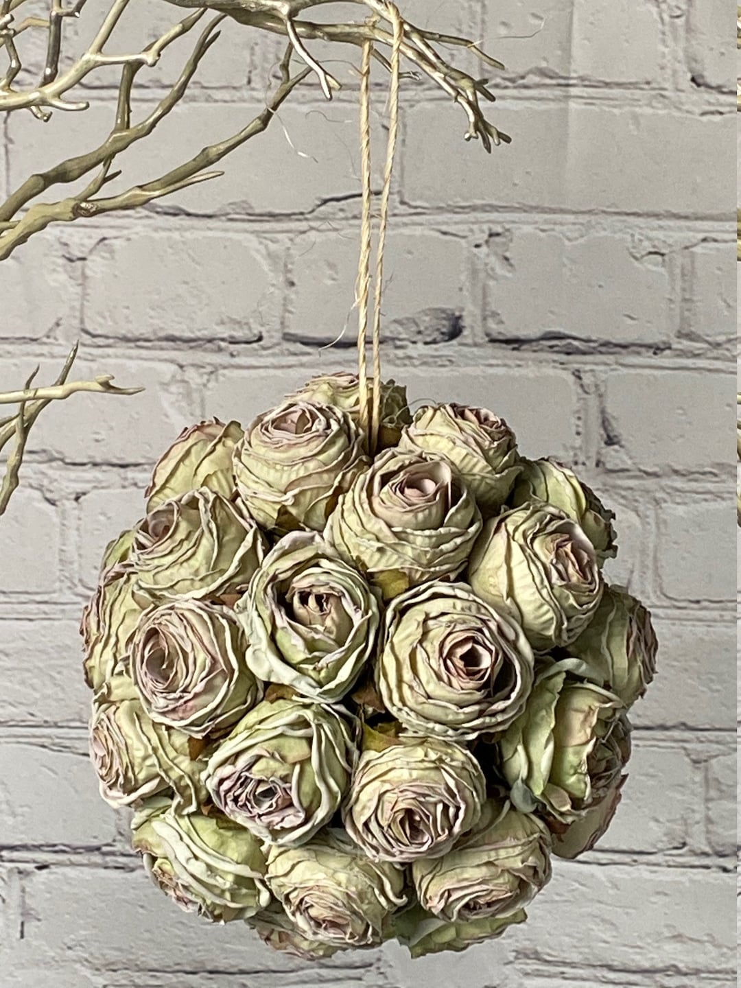 7 Rose Flower Balls, Pale Green Roses, Artificial Silk Flowers, Vintage