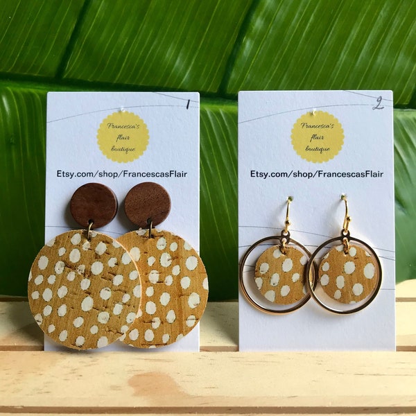 Mustard and white spotted cork on leather stylish earrings, lightweight brown and white fashion earrings, large and bold trendy earrings