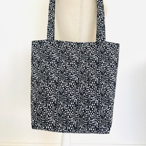 Abstract black and  white tote bag, fully lined cotton tote with handles and snap button, sturdy back to school handbag, everyday bag