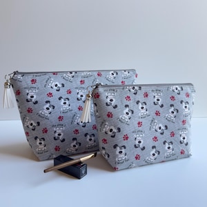 Grey doggie print zippered cotton makeup bag; fabric cosmetic pouch; multipurpose travel pouch; everyday storage bag; zippered storage pouch