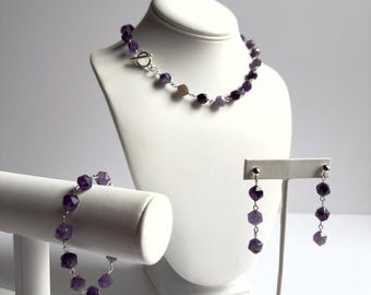 Purple amethyst jewelry set; purple amethyst necklace, bracelet and earrings set; beaded jewelry set with silver connectors; fashion jewelry