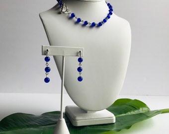 Royal Blue Glass Beaded Necklace & Earrings Set - Handmade
