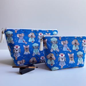 Blue cotton zippered makeup bag with medical staff dog print; zippered multipurpose pouch with tassel; everyday storage pouch; travel pouch