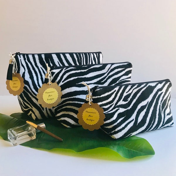 Zebra print cosmetic pouch, black and white fully lined cotton makeup pouch, everyday essential carrier, free shipping, practical bag