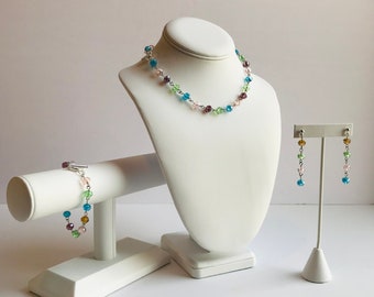Glass Beaded Jewelry Set, Colorful Necklace, Bracelet, Earrings