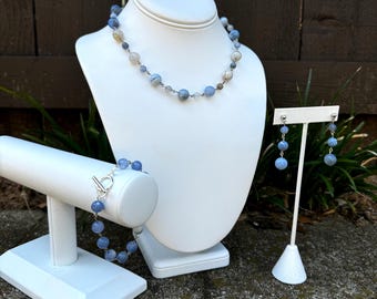 Light Blue Agate Beaded Jewelry Set, Necklace, Bracelet & Earrings