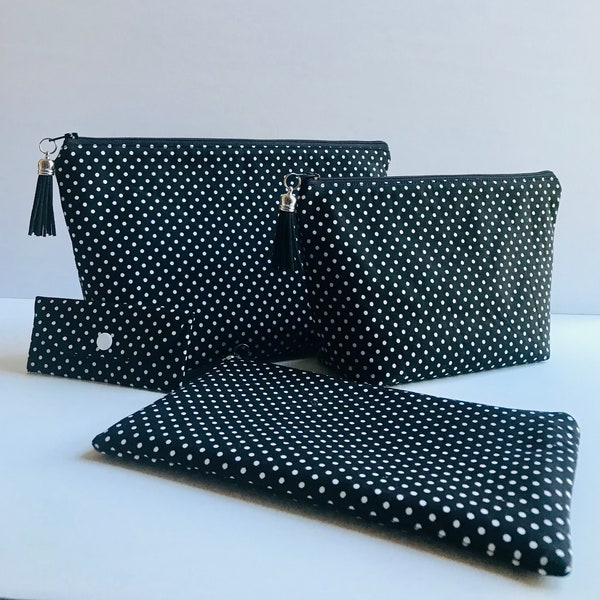 Black and white cosmetic bag. black cotton fully lined makeup bag with small white polka dots, multipurpose pouches, everyday carrier