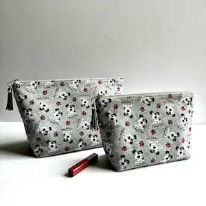 Grey cosmetic bag with &quot;I Woof you&quot; dog print; grey zippered all  purpose dog print pouch, grey zippered cotton multipurpose storage bag
