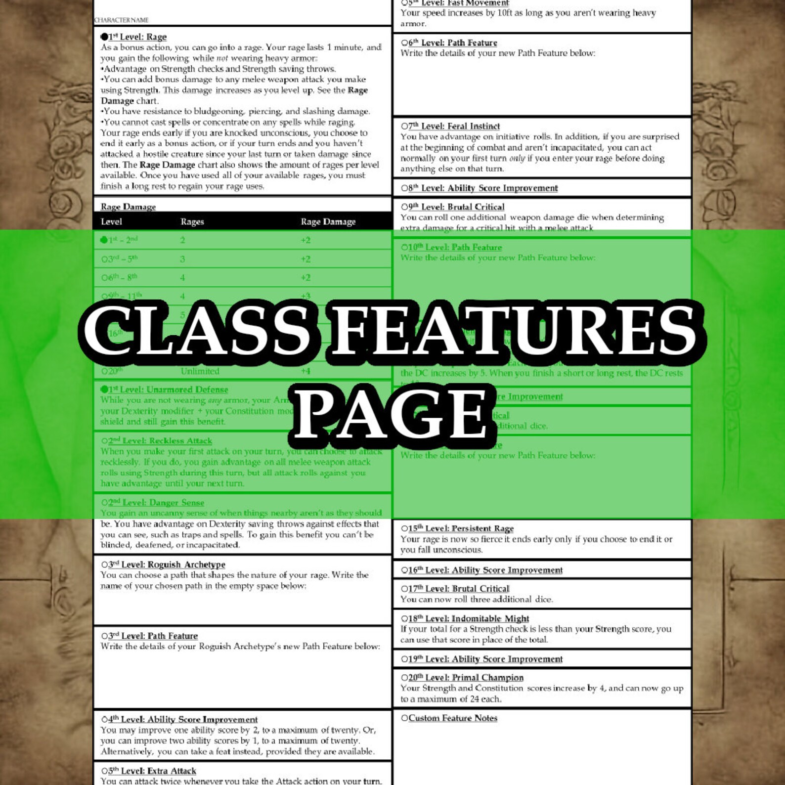 Printable Dnd 5e Barbarian Class Character Sheet Fifth Edition D&amp;D - Etsy