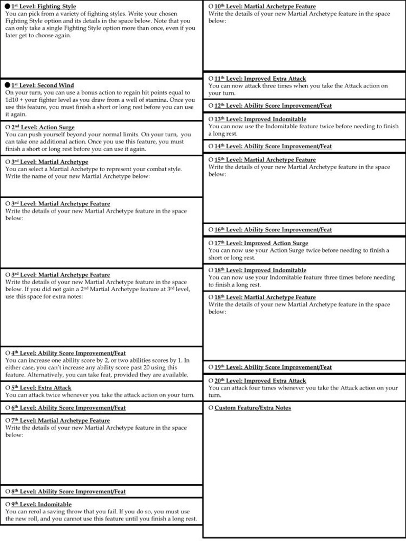 Dnd 5e Fighter Class Character Sheet Fifth Edition D&D Etsy Finland