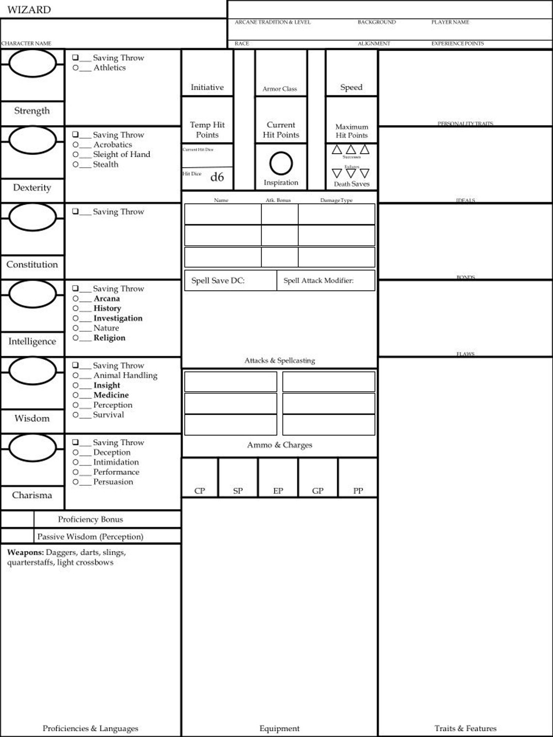 Dnd 5e Wizard Class Character Sheet Fifth Edition D&D Etsy
