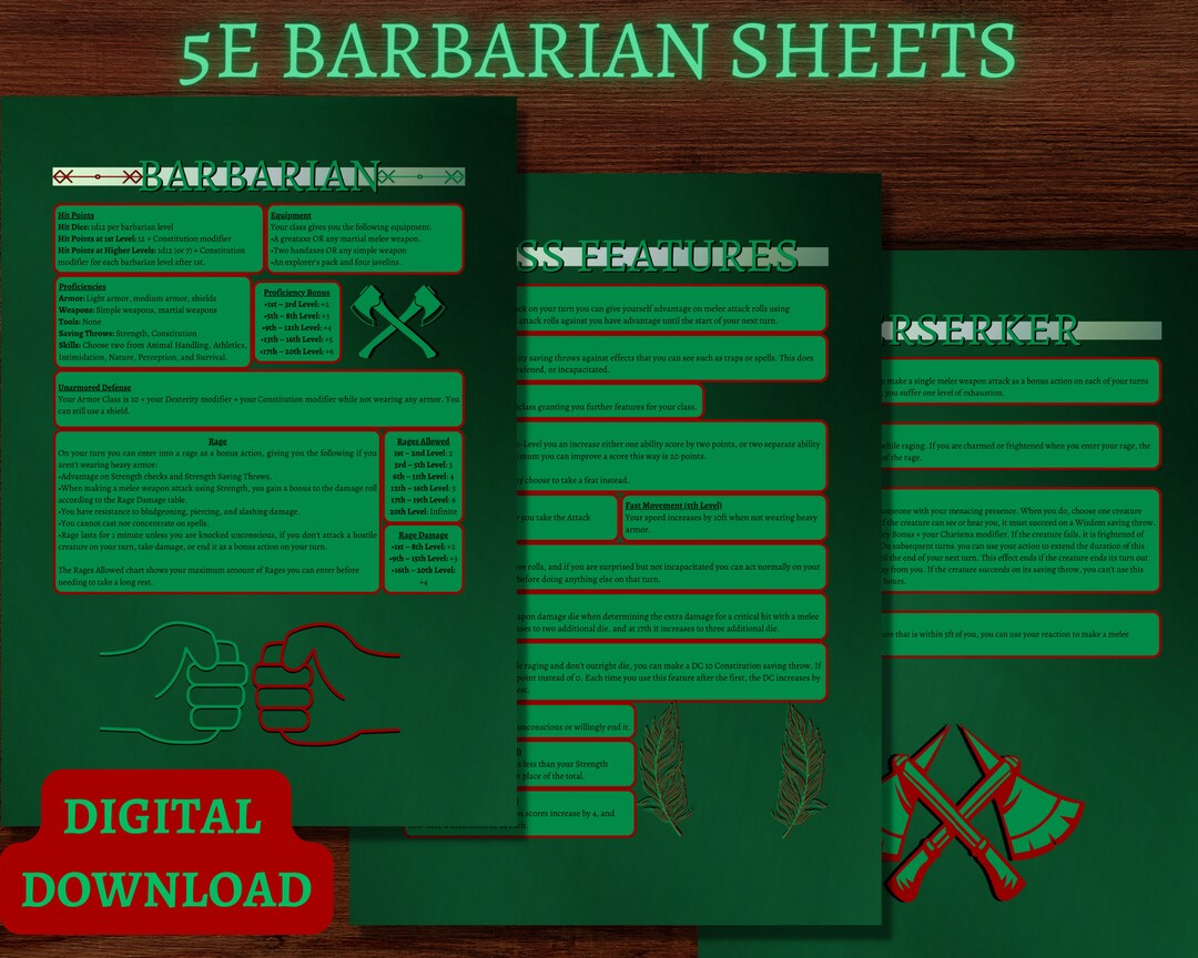D&amp;D 5e Barbarian Class Reference Sheet Dungeons and Dragons Fifth ...