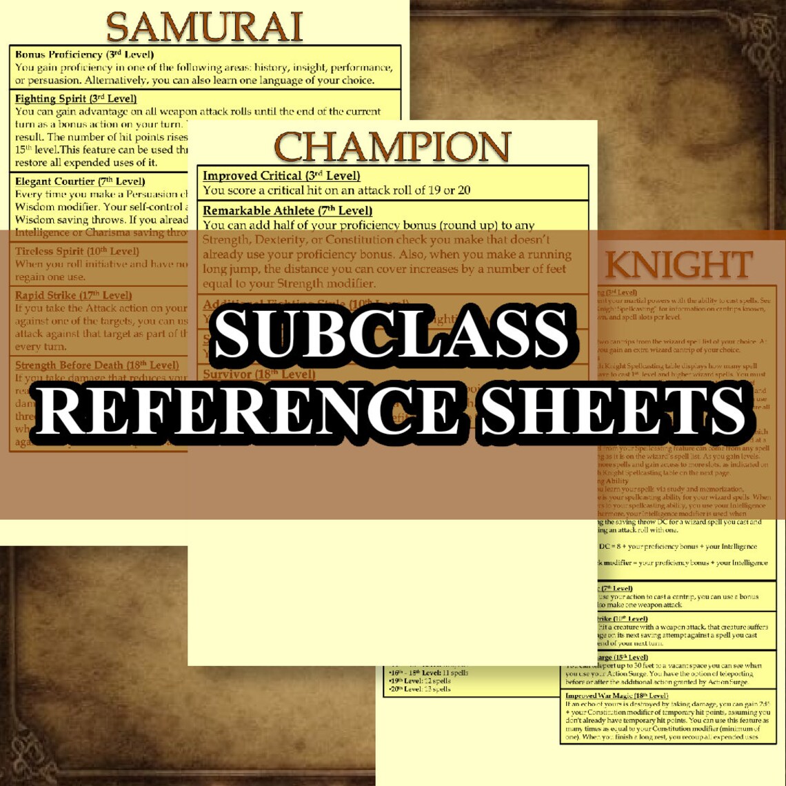 D&amp;D 5e Fighter Class Reference Sheet Dungeons and Dragons - Etsy