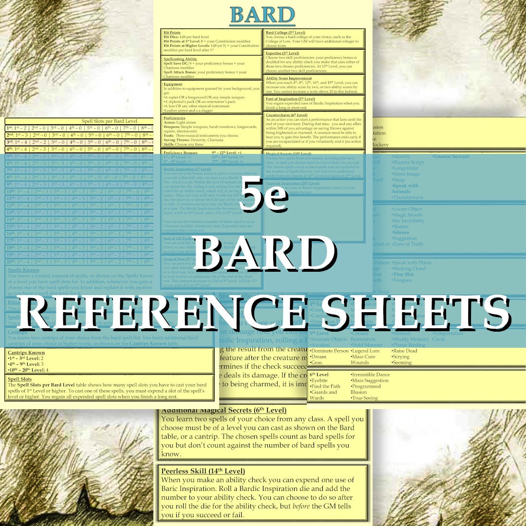 5e Bard Class Reference Sheet Dungeons and Dragons Fifth Edition Dnd ...