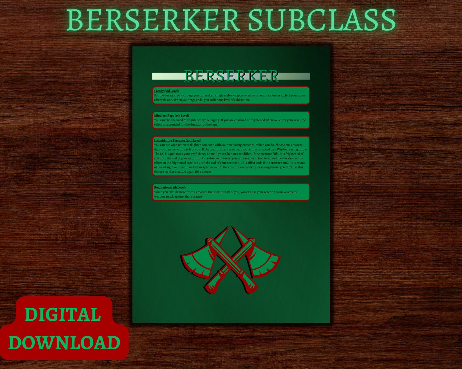 D&amp;D 5e Barbarian Class Reference Sheet Dungeons and Dragons Fifth ...