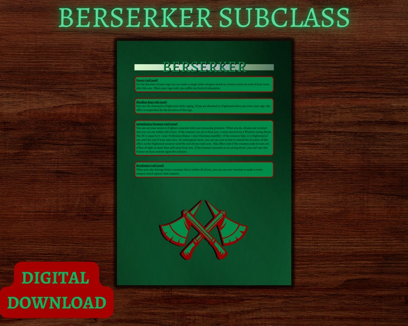 D&D 5e Barbarian Class Reference Sheet Dungeons and Dragons Fifth ...