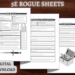 5e Rogue Class Reference Sheet|| Black and White || Fifth Edition TTRPG || Rogue Character Rules Sheet || Game Master RPG Player Reference