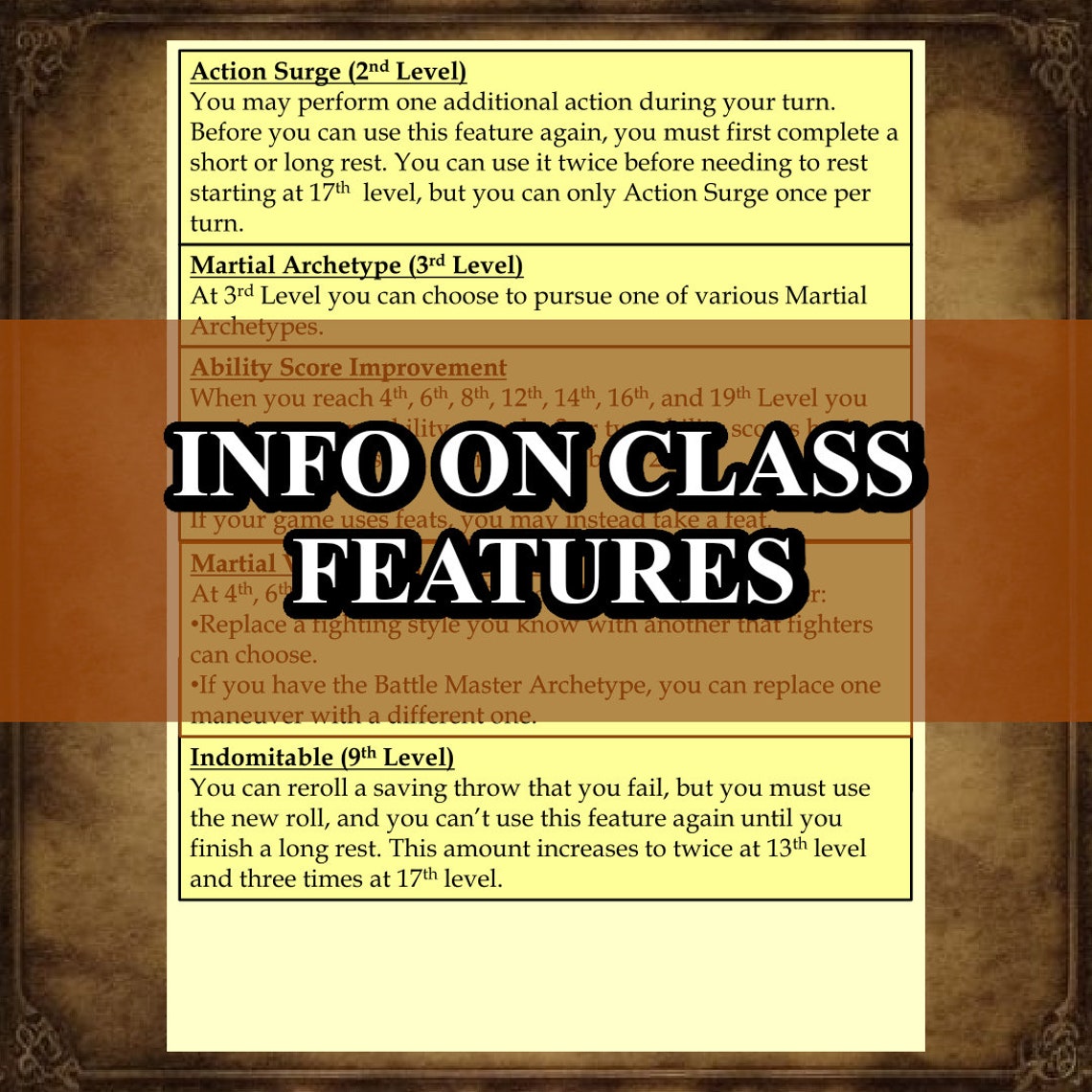D&amp;D 5e Fighter Class Reference Sheet Dungeons and Dragons - Etsy