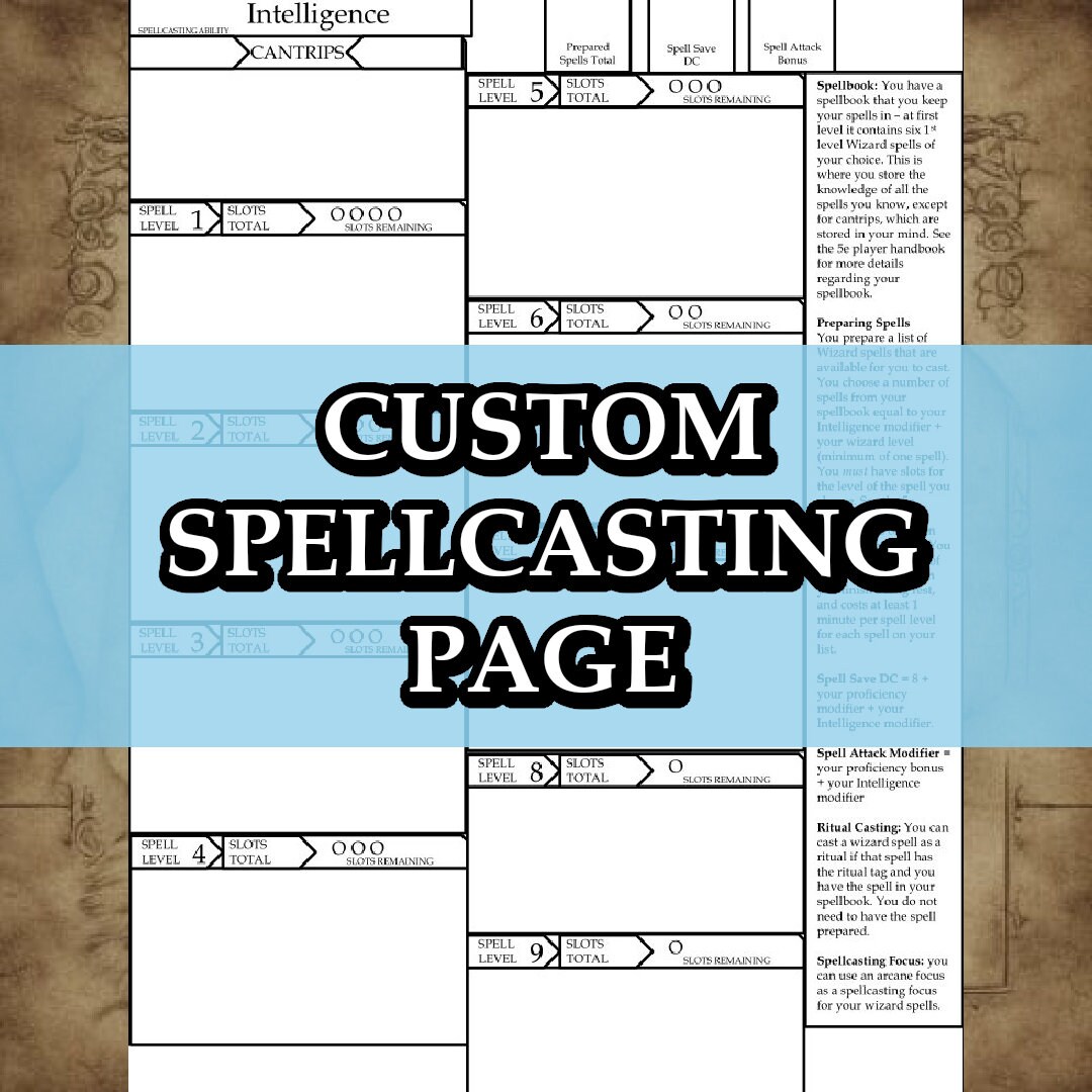 Printable Dnd 5e Wizard Class Character Sheet Fifth Edition D&amp;D - Etsy