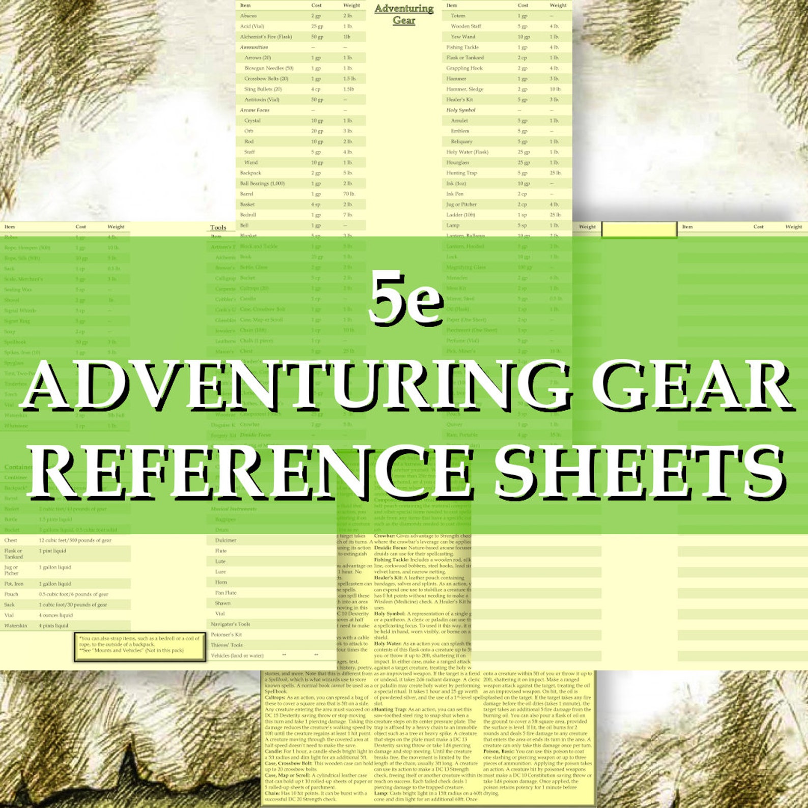 D&D 5e Adventuring Gear Items Reference Sheets Dungeons and Dragons